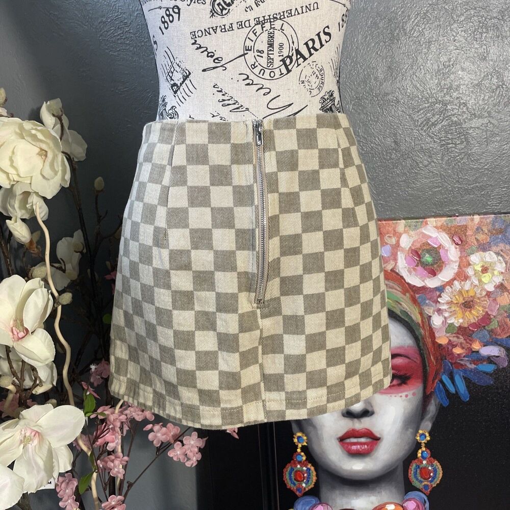Juniper Blue Nova Check Brown Tan Mini Skirt Size Small S Denim Zip Closure - Picture 4 of 7